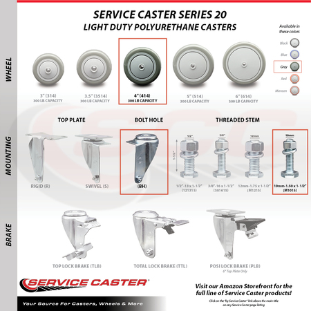 Service Caster 4 Inch Gray Polyurethane Wheel Swivel 10mm Threaded Stem Caster Set SCC SCC-TS20S414-PPUB-M1015-4